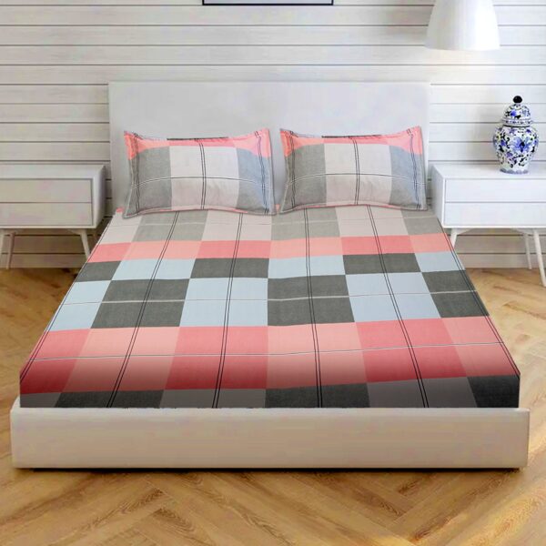 Glace Cotton Elastic Fitted Double Bed Sheet with 2 Pillow Cover 90 x 100 Inches (Multi-Color Checks)