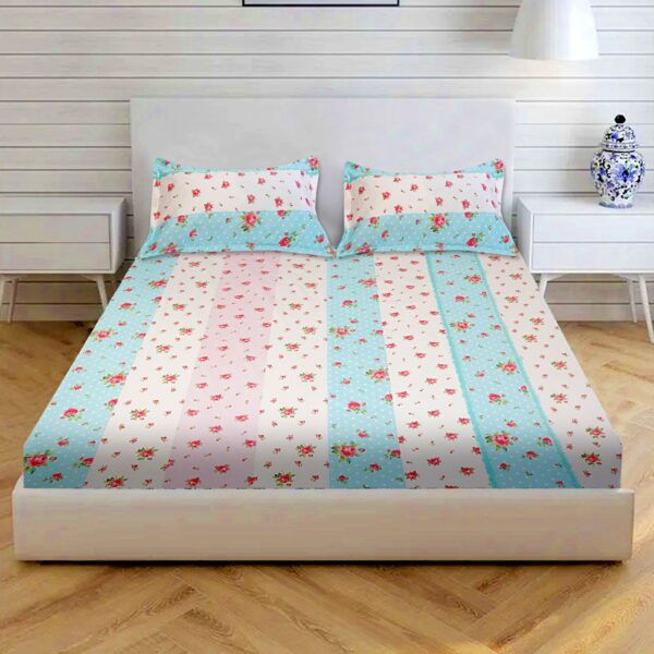 Fitted Glace Cotton Double Bed Sheet with 2 Pillow Cover 90 x 100 Inches (White & Pink) - Image 9