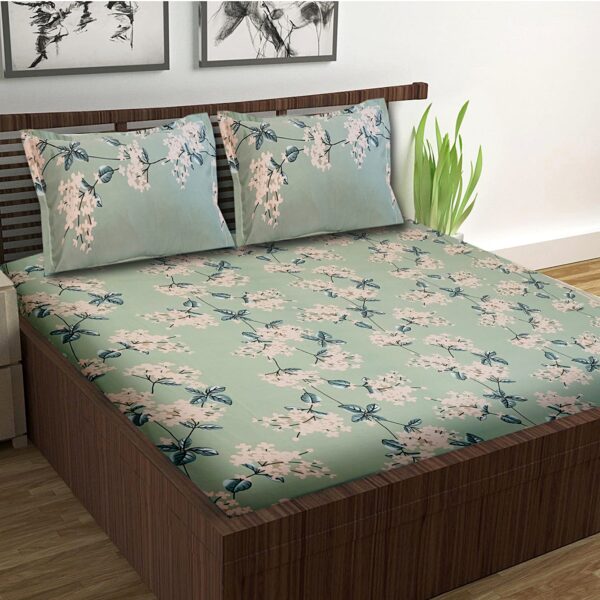 Fitted Glace Cotton Double Bed Sheet with 2 Pillow Cover 90 x 100 Inches (Pastachio Green) - Image 4