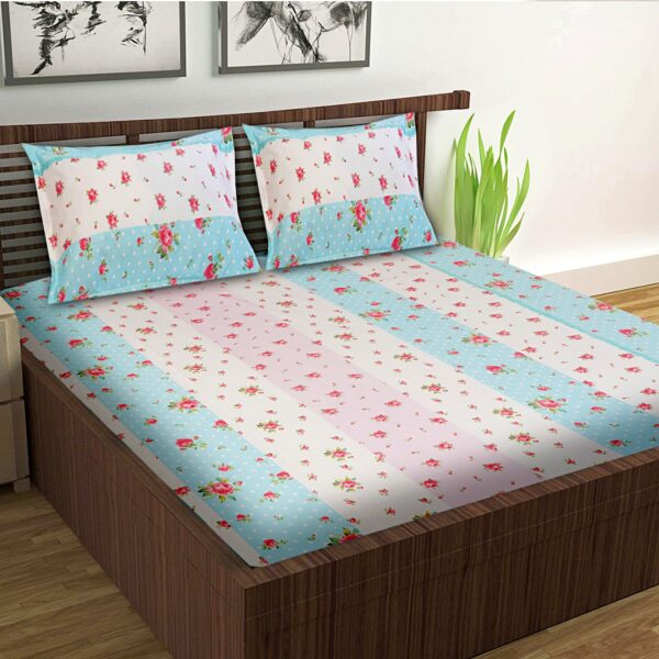 Fitted Glace Cotton Double Bed Sheet with 2 Pillow Cover 90 x 100 Inches (White & Pink)