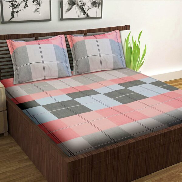 Glace Cotton Elastic Fitted Double Bed Sheet with 2 Pillow Cover 90 x 100 Inches (Multi-Color Checks) - Image 2