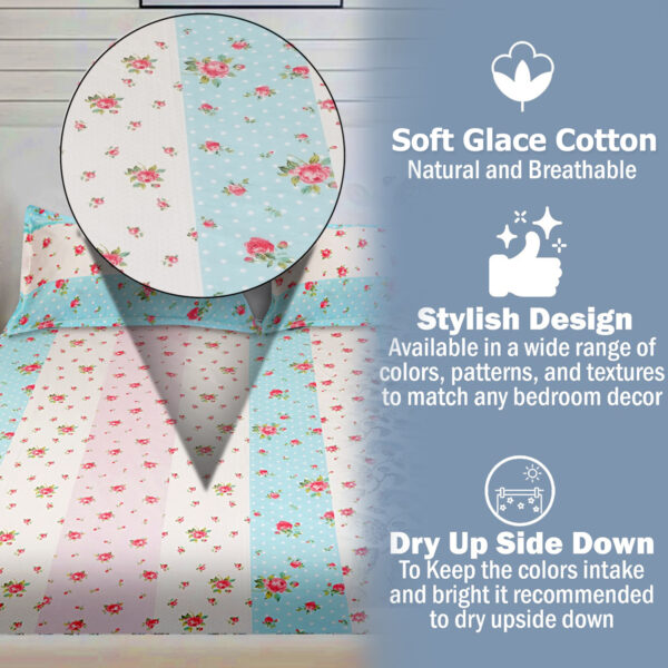 Fitted Glace Cotton Double Bed Sheet with 2 Pillow Cover 90 x 100 Inches (White & Pink) - Image 4