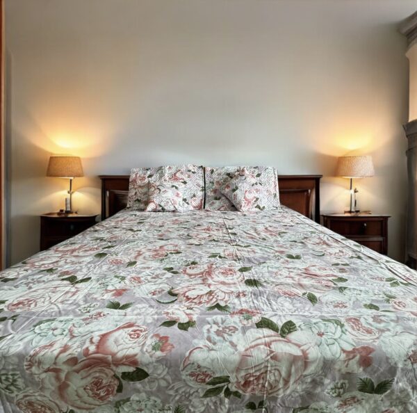 Pink Rose Cotton 5pcs Bedsheet set (1 Bedsheet + 2 Quilted Pillow Covers + 2 Cushion with covers)