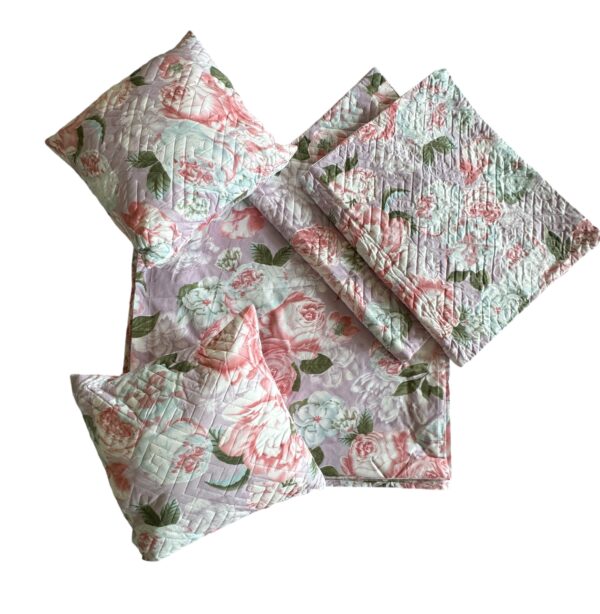 Pink Rose Cotton 5pcs Bedsheet set (1 Bedsheet + 2 Quilted Pillow Covers + 2 Cushion with covers) - Image 5