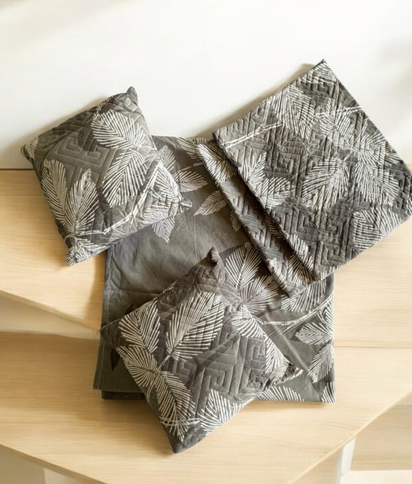 Grey Leaf cotton 5pcs Bedsheet set (1 Bedsheet + 2 Quilted Pillow Covers + 2 Cushion with covers) - Image 2