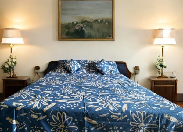 Blue cotton 5pcs Bedsheet set (1 Bedsheet + 2 Quilted Pillow Covers + 2 Cushion with covers)