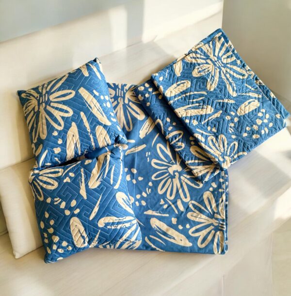 Blue cotton 5pcs Bedsheet set (1 Bedsheet + 2 Quilted Pillow Covers + 2 Cushion with covers) - Image 2