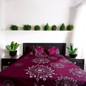 Wine colour cotton 5pcs Bedsheet set (1 Bedsheet + 2 Quilted Pillow Covers + 2 Cushion with covers)