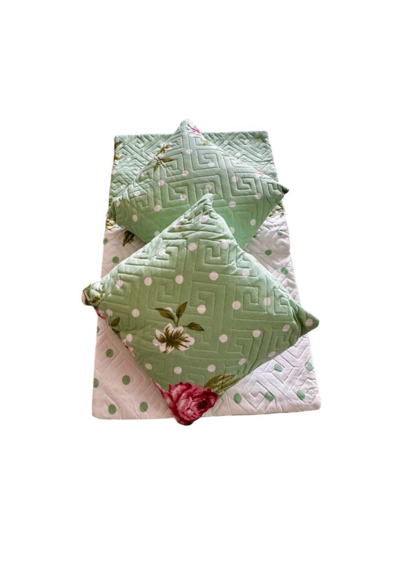 Lime green cotton 5pcs Bedsheet set (1 Bedsheet + 2 Quilted Pillow Covers + 2 Cushion with covers) - Image 3