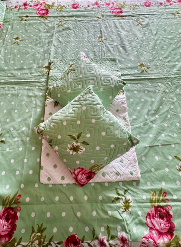 Lime green cotton 5pcs Bedsheet set (1 Bedsheet + 2 Quilted Pillow Covers + 2 Cushion with covers) - Image 5