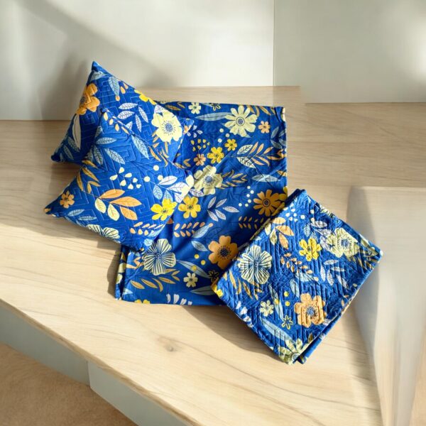 Royale Blue cotton 5pcs Bedsheet set (1 Bedsheet + 2 Quilted Pillow Covers + 2 Cushion with covers) - Image 2