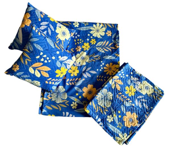 Royale Blue cotton 5pcs Bedsheet set (1 Bedsheet + 2 Quilted Pillow Covers + 2 Cushion with covers) - Image 5