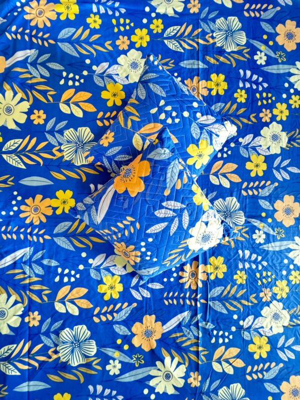 Royale Blue cotton 5pcs Bedsheet set (1 Bedsheet + 2 Quilted Pillow Covers + 2 Cushion with covers) - Image 4