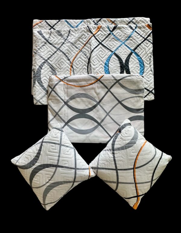 Wave print cotton 5pcs Bedsheet set (1 Bedsheet + 2 Quilted Pillow Covers + 2 Cushion with covers) - Image 7