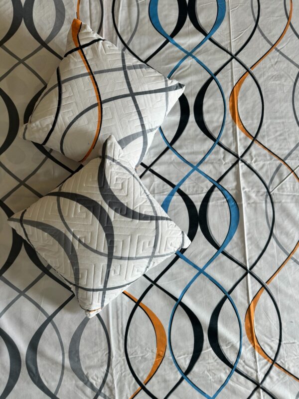 Wave print cotton 5pcs Bedsheet set (1 Bedsheet + 2 Quilted Pillow Covers + 2 Cushion with covers) - Image 2