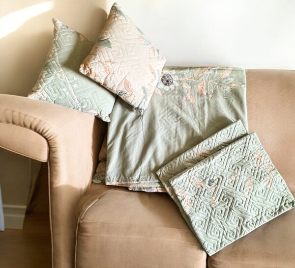 Mint Green cotton 5pcs Bedsheet set (1 Bedsheet + 2 Quilted Pillow Covers + 2 Cushion with covers) - Image 4