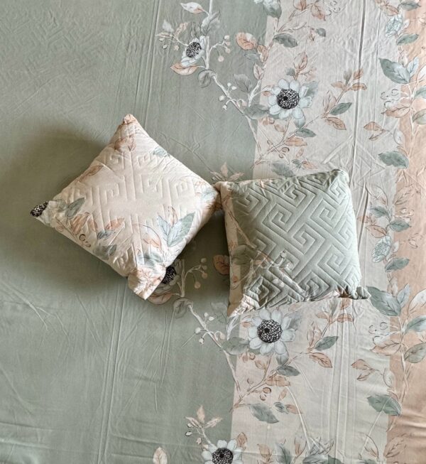 Mint Green cotton 5pcs Bedsheet set (1 Bedsheet + 2 Quilted Pillow Covers + 2 Cushion with covers) - Image 2