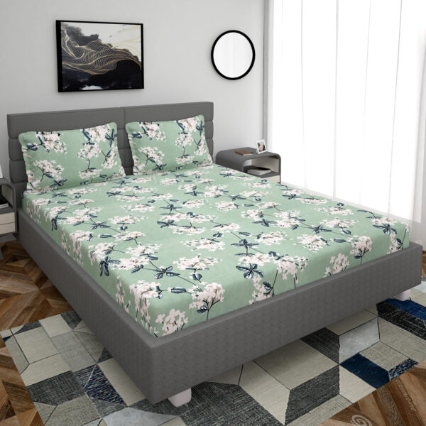 Fitted Glace Cotton Double Bed Sheet with 2 Pillow Cover 90 x 100 Inches (Pastachio Green) - Image 3