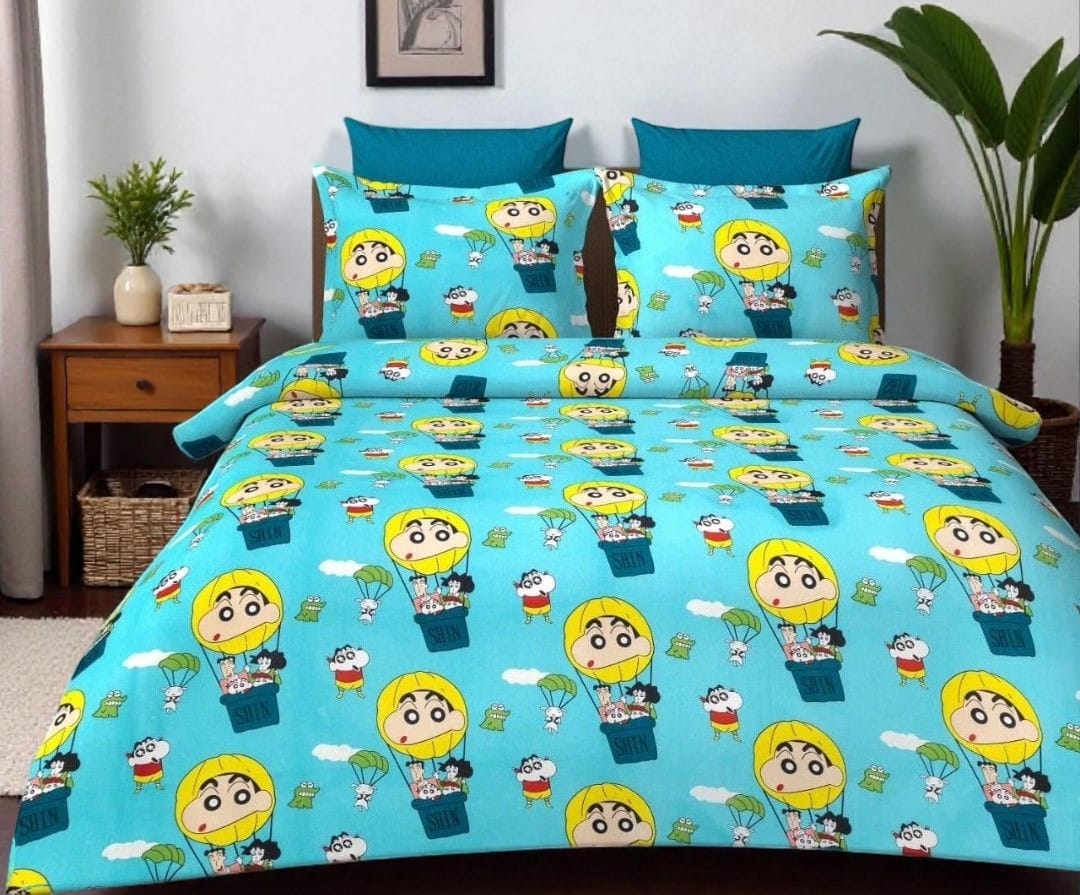 Shin Chan print Kids' Cotton Bed Sheet (90x100) with 2 Pillow covers