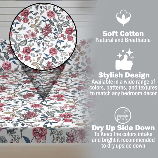 White Floral Pure cotton Bedsheets for Double Bed with 2 Pillow covers (100x108 Inches) - Image 5