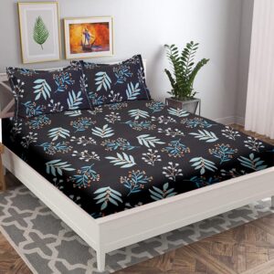 Fitted Glace Cotton Double Bed Sheet with 2 Pillow Cover (90 x 100 Inches) Leaf Print