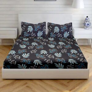 Glace Cotton Flat Double Bed Sheet with 2 Pillow Cover (90 x 100 Inches) Leaf Print