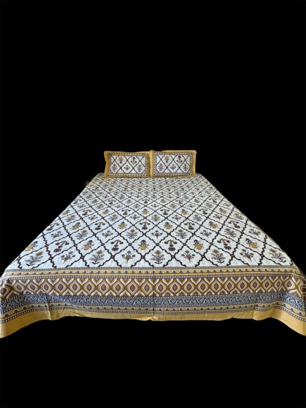 Pure cotton Bedsheets for Double Bed with 2 Pillow covers (90x108 Inches) Blocks with Yellow border - Image 3