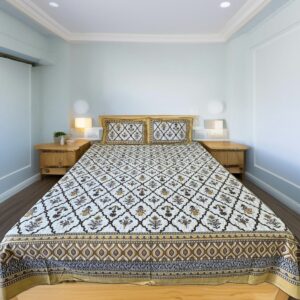 Pure cotton Bedsheets for Double Bed with 2 Pillow covers (90x108 Inches) Blocks with Yellow border