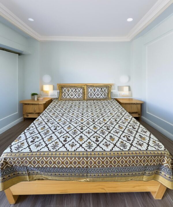 Pure cotton Bedsheets for Double Bed with 2 Pillow covers (90x108 Inches) Blocks with Yellow border
