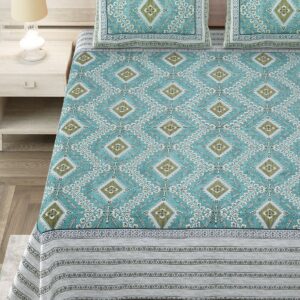 King Size Printed Cotton Premium BedSheet (108 x 108 inches) with 2 Pillow Covers– Sea Green
