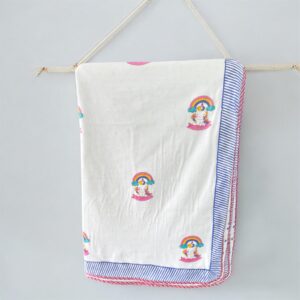 Cozy Comfort & Soft 60x90 Inch Block Print Dohar in Malmal Cotton for Baby- Baby Unicorn Print