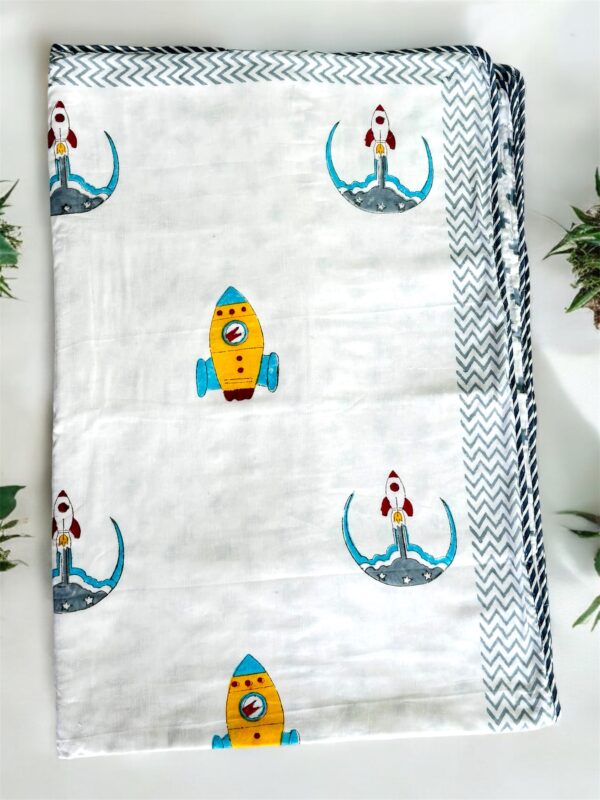 Cozy Comfort & Soft 60x90 Inch Block Print Dohar in Malmal Cotton for Baby - Rocket prints - Image 2