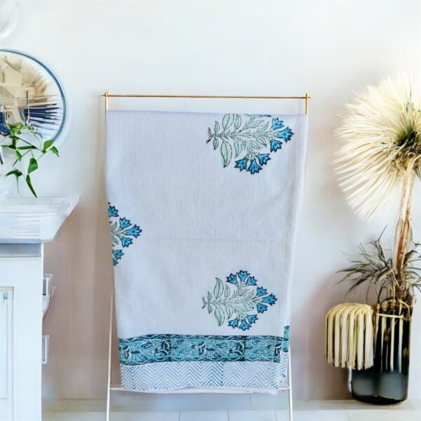 Bath Towel Pure Cotton Beautiful Hand Block Printed Waffle Fabric Blue Floral | Bath Towel for Men/Women | Bathroom Towel | 30x60 Inches