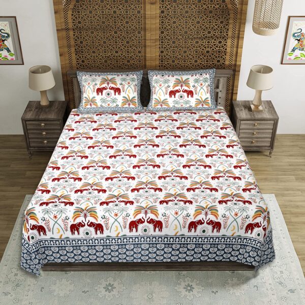 Pure Cotton Desert Elephant Print Double Bed Bedsheet Set, 93x108 cm, with 2 Pillow Covers - Image 4