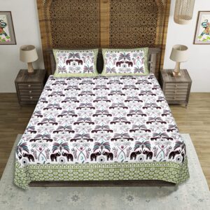 Pure Cotton Desert Elephant Print Double Bed Bedsheet Set, 93x108 cm, with 2 Pillow Covers