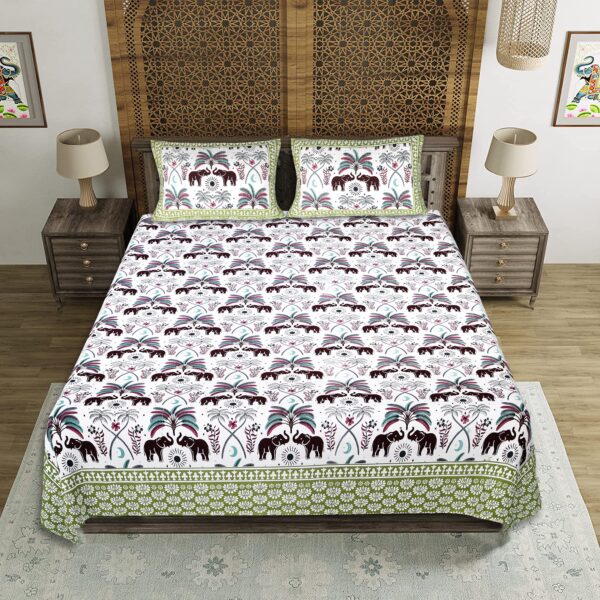 Pure Cotton Desert Elephant Print Double Bed Bedsheet Set, 93x108 cm, with 2 Pillow Covers