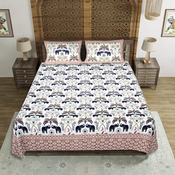 Pure Cotton Desert Elephant Print Double Bed Bedsheet Set, 93x108 cm, with 2 Pillow Covers - Image 2