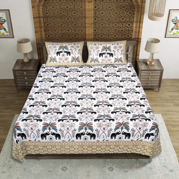 Pure Cotton Desert Elephant Print Double Bed Bedsheet Set, 93x108 cm, with 2 Pillow Covers - Image 3