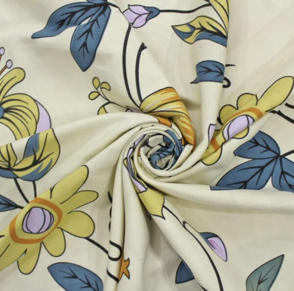 Floral Print Fitted Double Bed Sheet Set with 2 Pillow Covers, 72x78x12 Inches, Cream Colour - Image 2