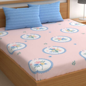 Beautiful Floral Double Fitted Bed Sheet Set with 2 Pillow Covers, 72x78x12 Inches, Pink