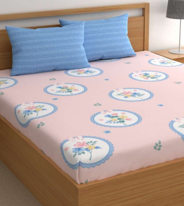 Beautiful Floral Double Fitted Bed Sheet Set with 2 Pillow Covers, 72x78x12 Inches, Pink