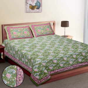 Pure Cotton Floral Print Bedsheet with 2 Pillow Covers Set for Double Bed, 90x108 inches (Green)