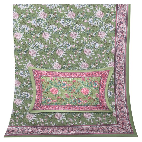 Pure Cotton Floral Print Bedsheet with 2 Pillow Covers Set for Double Bed, 90x108 inches (Green) - Image 3