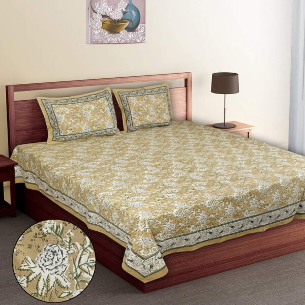 Pure Cotton Floral Print Bedsheet with 2 Pillow Covers Set for Double Bed, 90x108 inches (Green) - Image 2