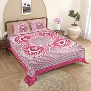 Pure Cotton Peacock Print Bedsheet with 2 pillow covers Set for Double Bed, 93×108 inches