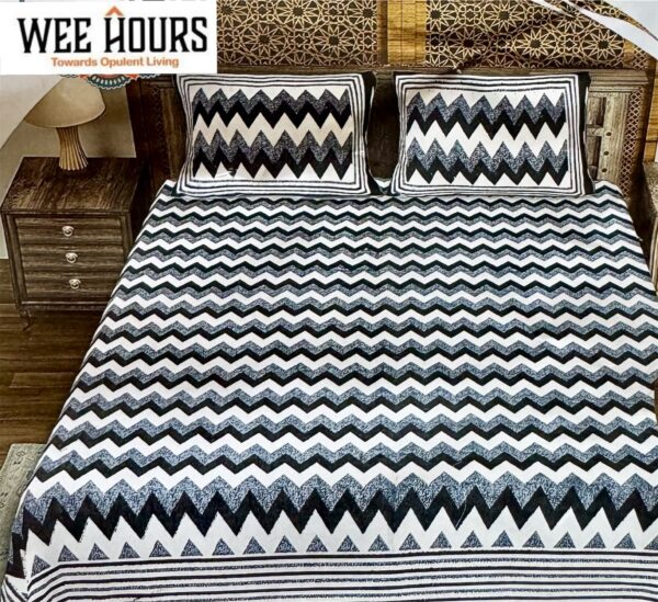 Pure Cotton Wave Print Double Bedsheet Set, 236x274 cm with 2 Pillow Covers - Image 2