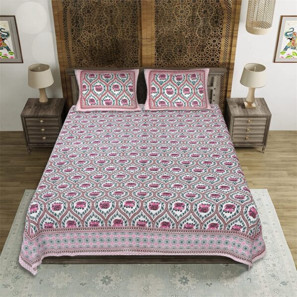 Jaipuri Cotton Elephant Print Double Bedsheet with 2 Pillow Covers, 93x108 Inches - Image 2