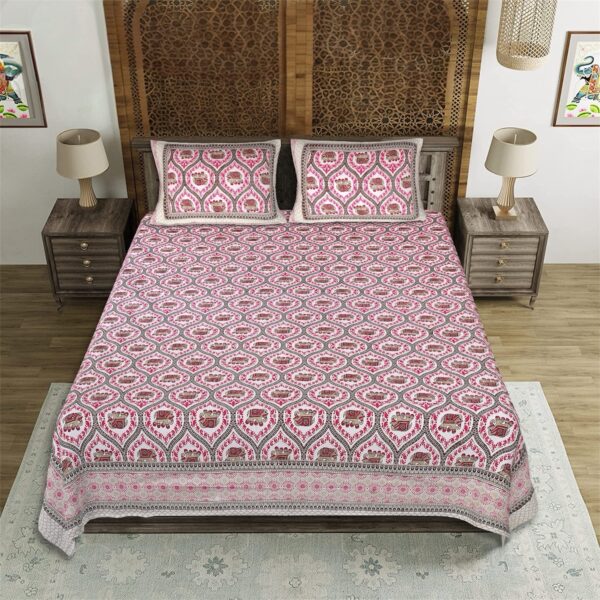Jaipuri Cotton Elephant Print Double Bedsheet with 2 Pillow Covers, 93x108 Inches - Image 3