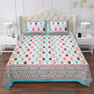 Premium Cotton Colourful Bedsheet Set with 2 Pillow Covers, Block Prints, King Size (108x108 inch)