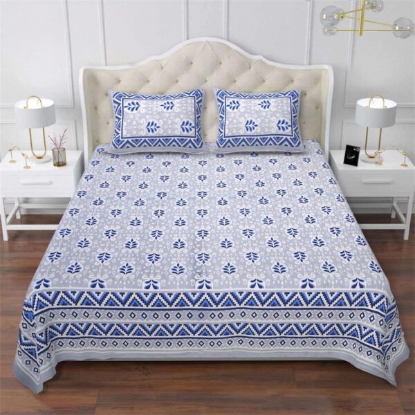 Pure Cotton King Size Bedsheet Set with Floral Print & Border with 2 Pillow Covers (108x108 Inch) - Image 3